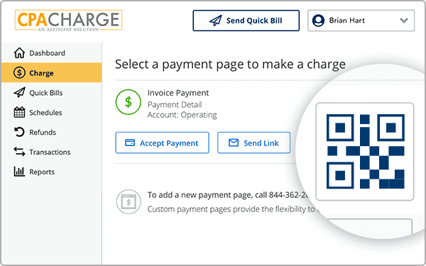 CPACharge software integration mockup, showing a tax preparation payment screen